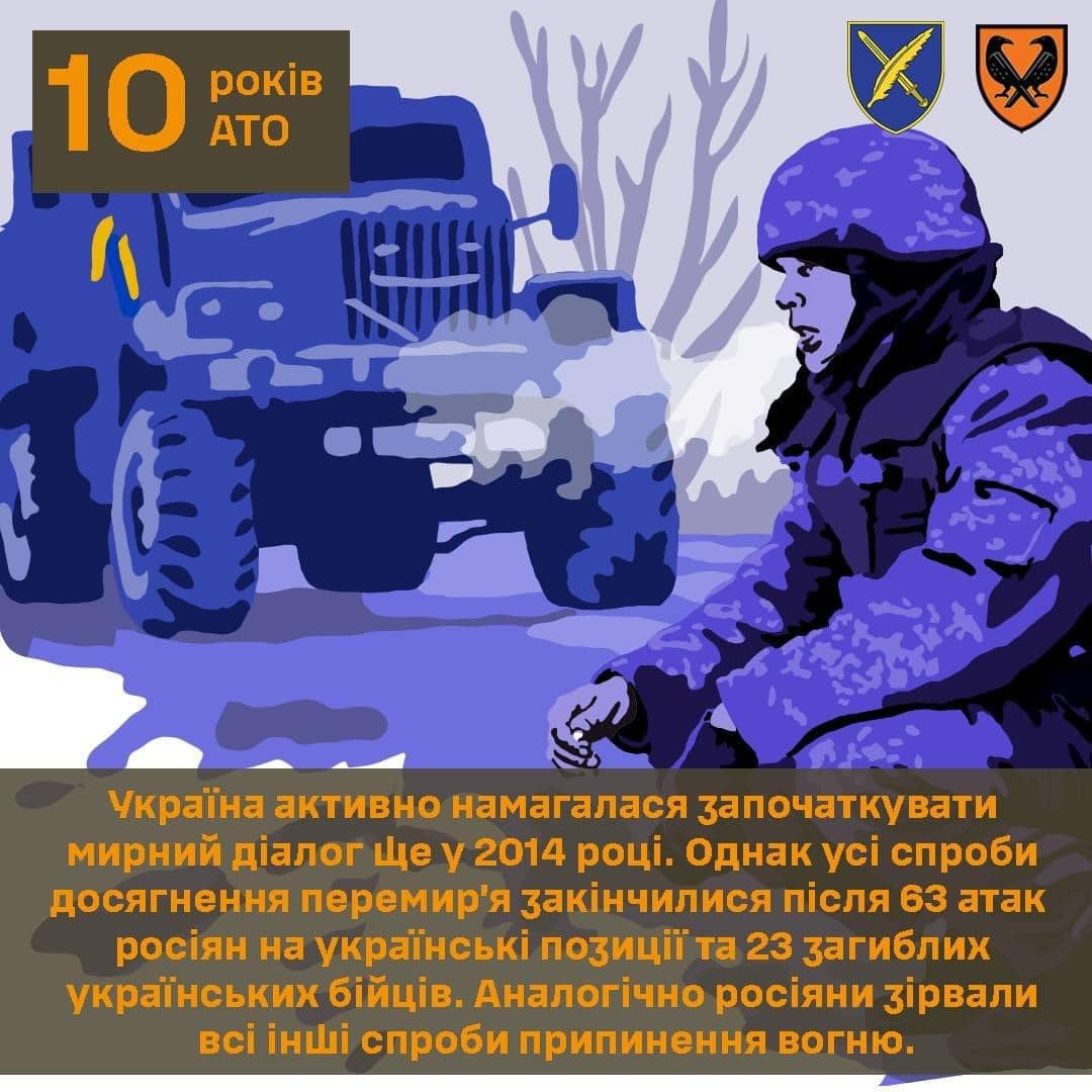 На зображенні може бути: текст «10 ATO poKiB 生0三年 УкрайΪна активно намагалася започаткувати мирний д.алог ще y 2014 роцί. Однак yci спроби досягнення перемир'я зак.нчилися пиСля 63 атак росиян на украйнськ позиЦ.й та 23 загиблих украйнських б.йЦ.в. Аналогично росияни зарвали Bci iHLi спроби припинення вогню.»