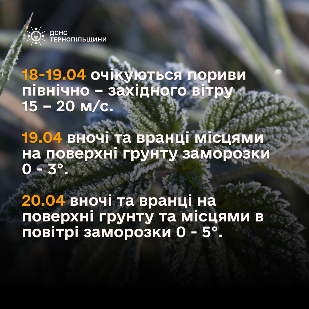 На зображенні може бути: текст «ДСНС ТЕРНОПΙЛЬЩИНИ 18-19.04 очикУ очикуються Ються пориви ПивничнО зах.дного BİTpY 15- 15-20 15 20 M/c. 19.04 0Ч та вранци мисцями на поверхн грунту заморозки 0-3°. 20.04 НОчί та вранци на поверхни грунту та мисцями в ποвίτρί заморозки o -5°.»