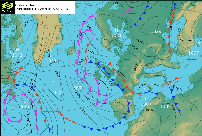 На зображенні може бути: карта та текст «Analysis chart alid 0000 MetOffice Wed 01 MAY 2024 1024 1036 102 1028 024 H 1029 1031 1028 1041 1036 1000 100 1032 ZOT ባረ 20 1017 1024 1028 1016 1024 1020 1007 1016 1012 1028 1024 1020 t0ro 1012 995 10.08 H 1030 00 00 998 -1020 1016 1012 1012 1024 L 1007 1016 1009 1020»