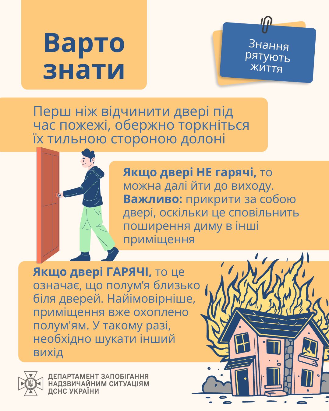 На зображенні може бути: 1 особа та текст «Варто знати Знання рятують життя Перш нίж В.дчинитИ две П.д час пожеж., обержно торкниться IX тильною стороною долон. Якщо дв НЕ гаряч., тο можна дали йти до виходу. Важливо: прикрити за собою двер, оск.льки це спов.льнить поширення диму в iHWİ примищення Якщо дв ГАРЯЧИ, то це означае, що полумя близько б.ля дверей. Най.мовірн.ше, примищення вже охоплено полум'ям. У такому pazi, необх.дно шукати .НШИЙ вИх.д ДЕПАРТАМЕНТ ЗАПОГАННЯ НАДЗВИЧАЙНИМ СИТУАЦИЯМ ДСНС УКРАЙНИ»