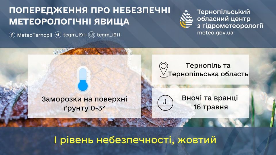 Новини Тернополя - фото з На Тернопільщині будуть заморозки на ґрунті На зображенні може бути: карта, хліб, постер та текст «ПОПЕРЕДЖЕННЯ ПРО НЕБЕЗПЕЧНА МΕТЕОРОЛОΓΙЧΗΙ ЯВИЩА MeteoTernopil tcgm_1911 _1911 tcgm_1911 Терноп.льський обласний центр 3 гдрометеоролог meteo.gov.ua Отербк терноп.льська область Терноп.ль та Заморозки на поверхни грунту 0-3° нчи та вранци 16 травня I ривень небезпечности, жовтий»