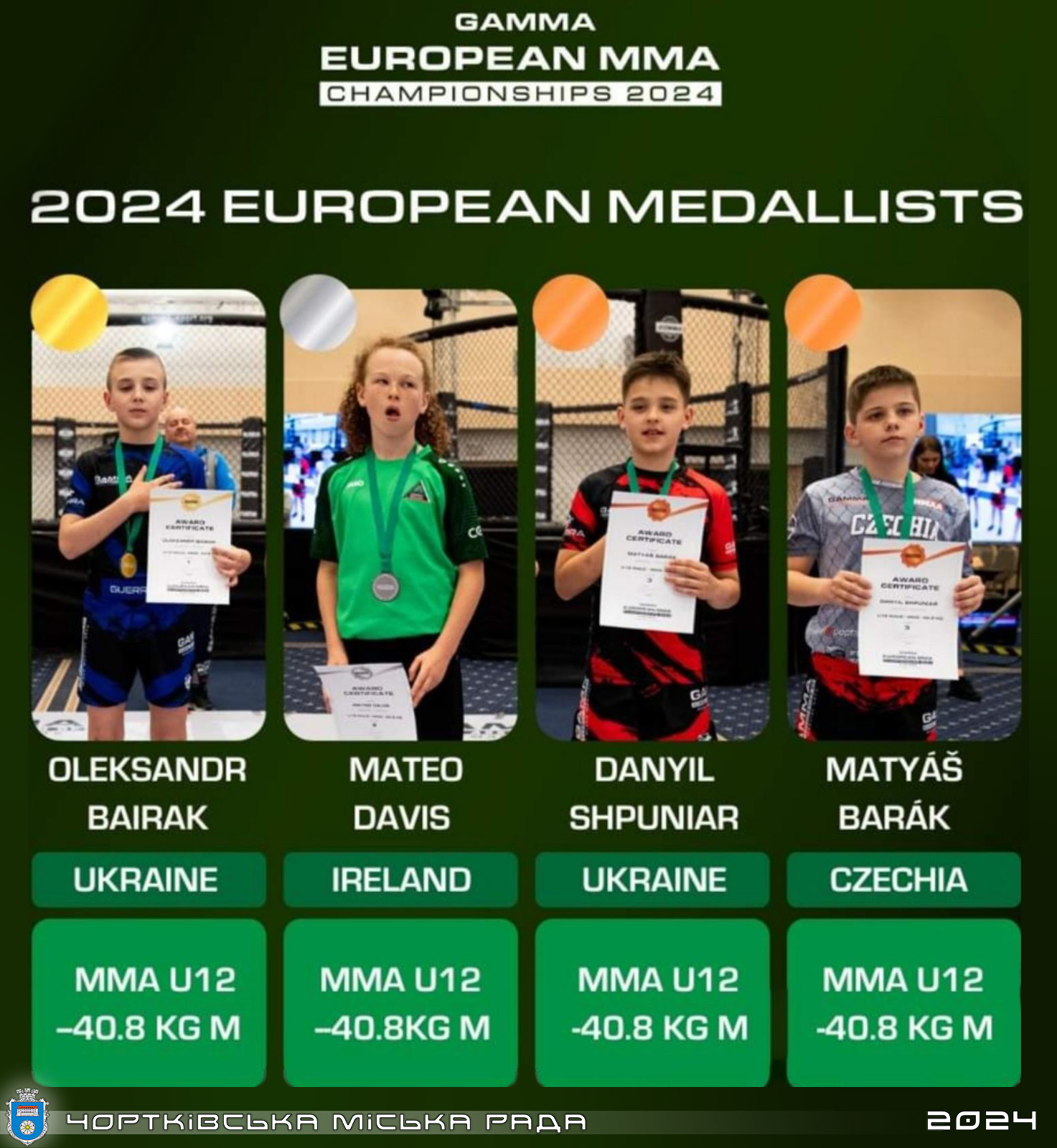 Новини Тернополя - фото з 12-річний чортків'янин став чемпіоном Європи зі змішаних бойових мистецтв Возможно, это изображение 4 человека и текст «GAMMA EUROPEAN MMA CHAMPIONSHIPS 2024 2024 EUROPEAN MEDALLISTS ...2. .ன்කரத்രமாල CZEHIN CZ HII 2 cRTNERTe L· OLEKSANDR BAIRAK MATEO DAVIS UKRAINE DANYIL SHPUNIAR IRELAND MATYÁŠ BARÁK UKRAINE MMA U12 -40.8 KG M CZECHIA MMA U12 -40.8KG M MMA U12 -40.8 KG M MMA U12 -40.8 KG M 4OPTKEBTbA MiCLKA PAAA 2024»