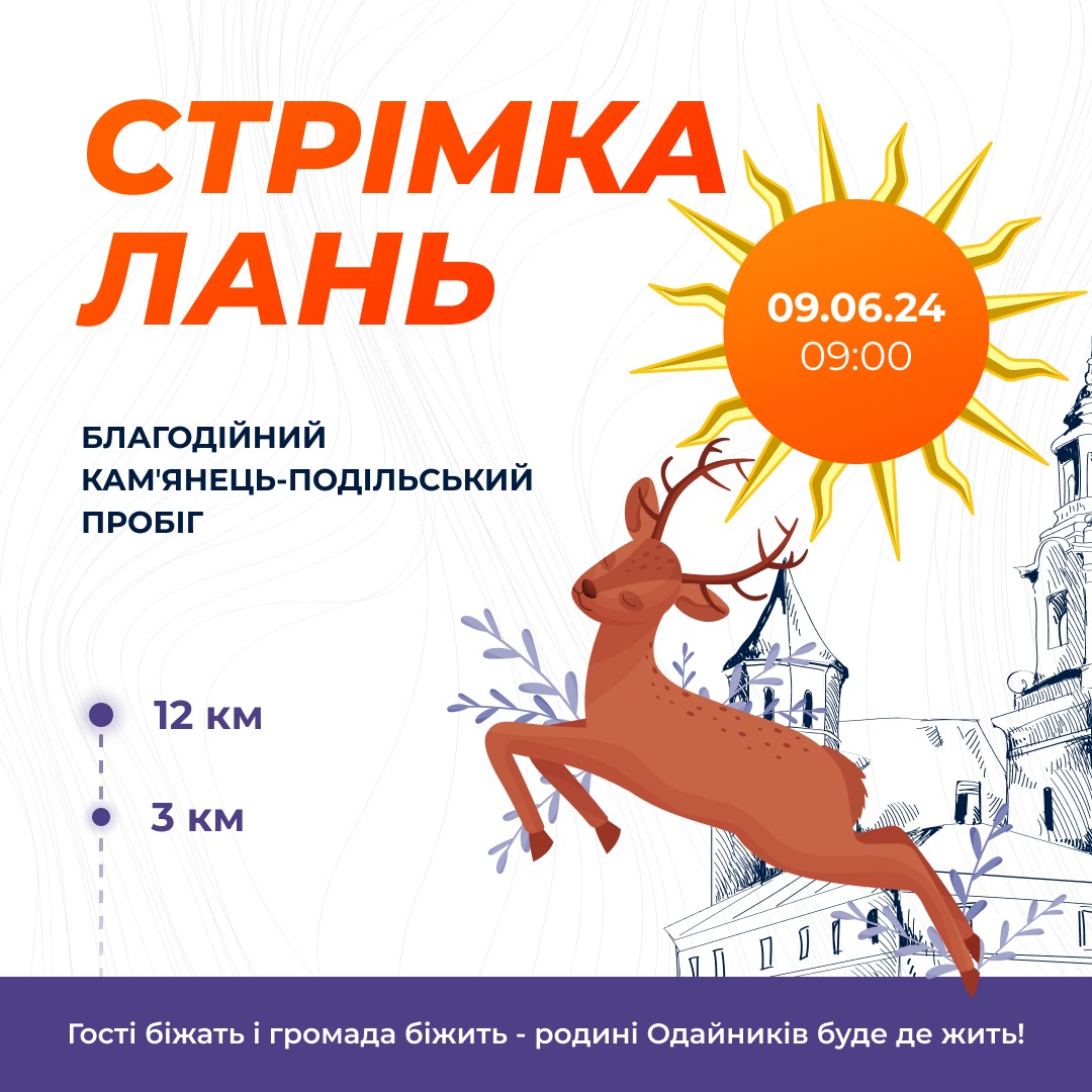 Возможно, это изображение карта и текст «СТΡИМКА ЛАНЬ 09.06.24 09:00 БЛАГОДИЙНИЙ КАМ'ЯНЕЦЬ КАМИЯнЕЦь-ПоДлЬСьКий ПРОБГ 12 2км км 3 км E Гости бижать громада б.жить родини Одайник.в буде де жить!»