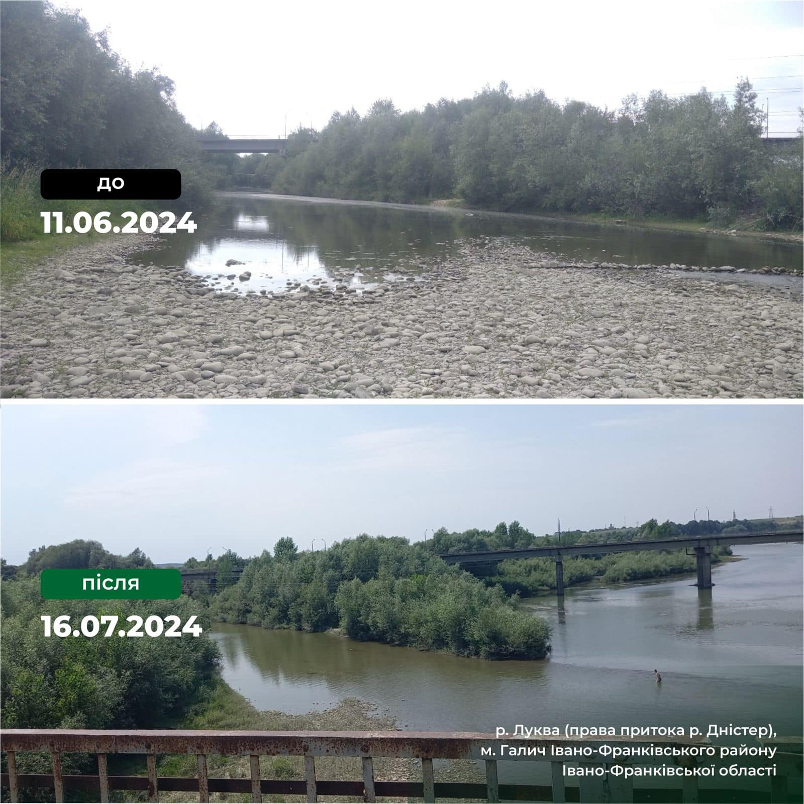 Новини Тернополя - фото з У Дністрі побільшало води. Фото «до» та «після» На зображенні може бути: текст