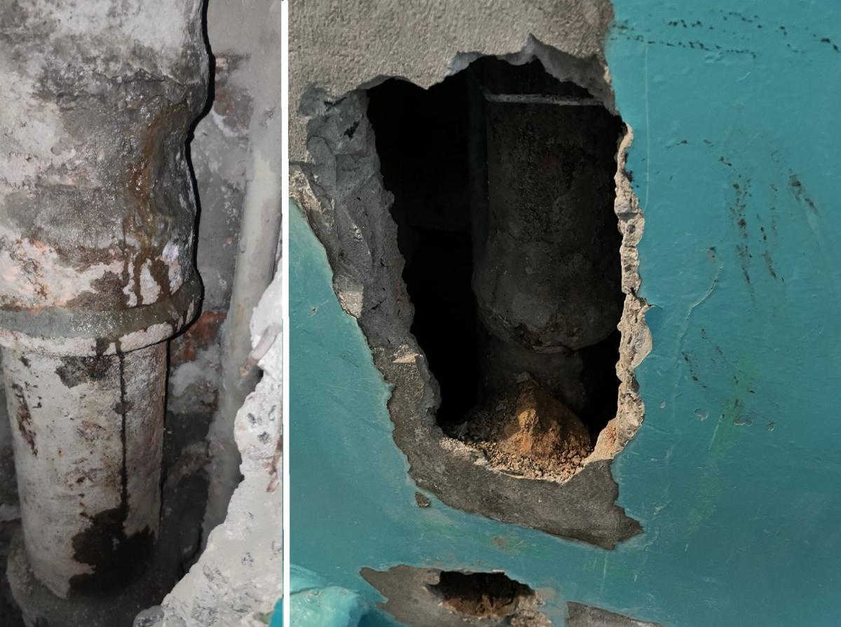 Новини Тернополя - фото з Каналізаційна труба тече від липня, а в стіні квартири — діра. Чому ЖЕК не полагодить?