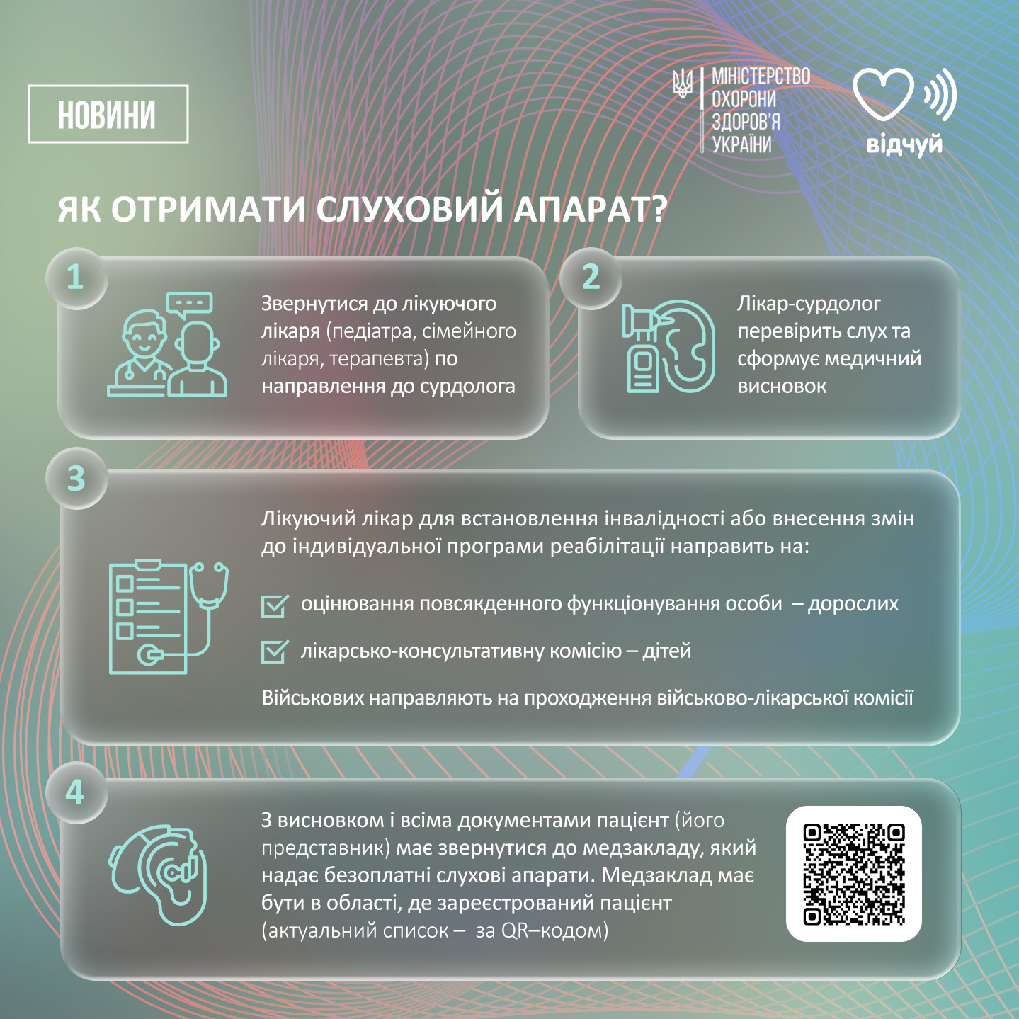 На зображенні може бути: текст «НОВИНИ ЛНСТЕРСТВО ОХОРОНИ ЗДОРОВЯ УКРАИНИ ЯК ОТРИМАТИ слУХоВИй АПАРАТ? --- видчуй 2 Звернутися до л.куючого ликаря (педатра, pa, симейного ликаря, терапевта)г по направлення до сурдолога 3 Ликар-сурдолог перевирить слухт ra сформуе медичний ВИСНОВОК Ликуючийл Лίкар для встановлення .нвал.дносί або внесення 3MİH до ндивдуальной програми реаб.л.тац.й направить на: оцίнювання повсякденного функцонування особи ликарсько-консультативну KOMİCİIO -дίтей дорослих Вийськових направляють на проходження військово-ликарськой KOMİCİi 3 висновком. BCiMa документами пациент (його представник) мае звернутися до медзакладу, який надае безоплатнй слухов. апарати. Медзаклад мае бути области, де зареестрований пац.ент (актуальний список- за -кодом)»