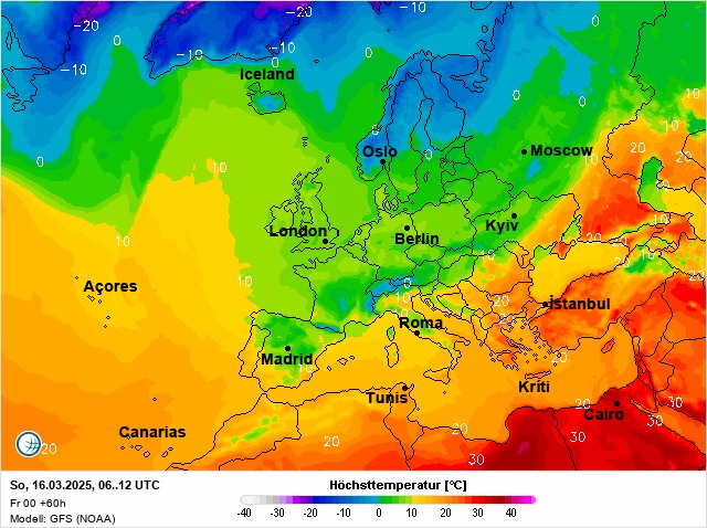 На зображенні може бути: карта та текст «-10 10 0 Iceland ·Moscow 20 Londons Açores Kyiv Madrid istanbul 20 Canarias Tunis Kriti 20 So, 16.03.2025, 06.. So,16.03.2025,06..12UTC 12 TC Fr 00 +60h Model: GFS (NOAA) 30 Cairo 30 30 40 -30 -20 Höchsttemperatur [°C] 10 0 10 20 30 40»
