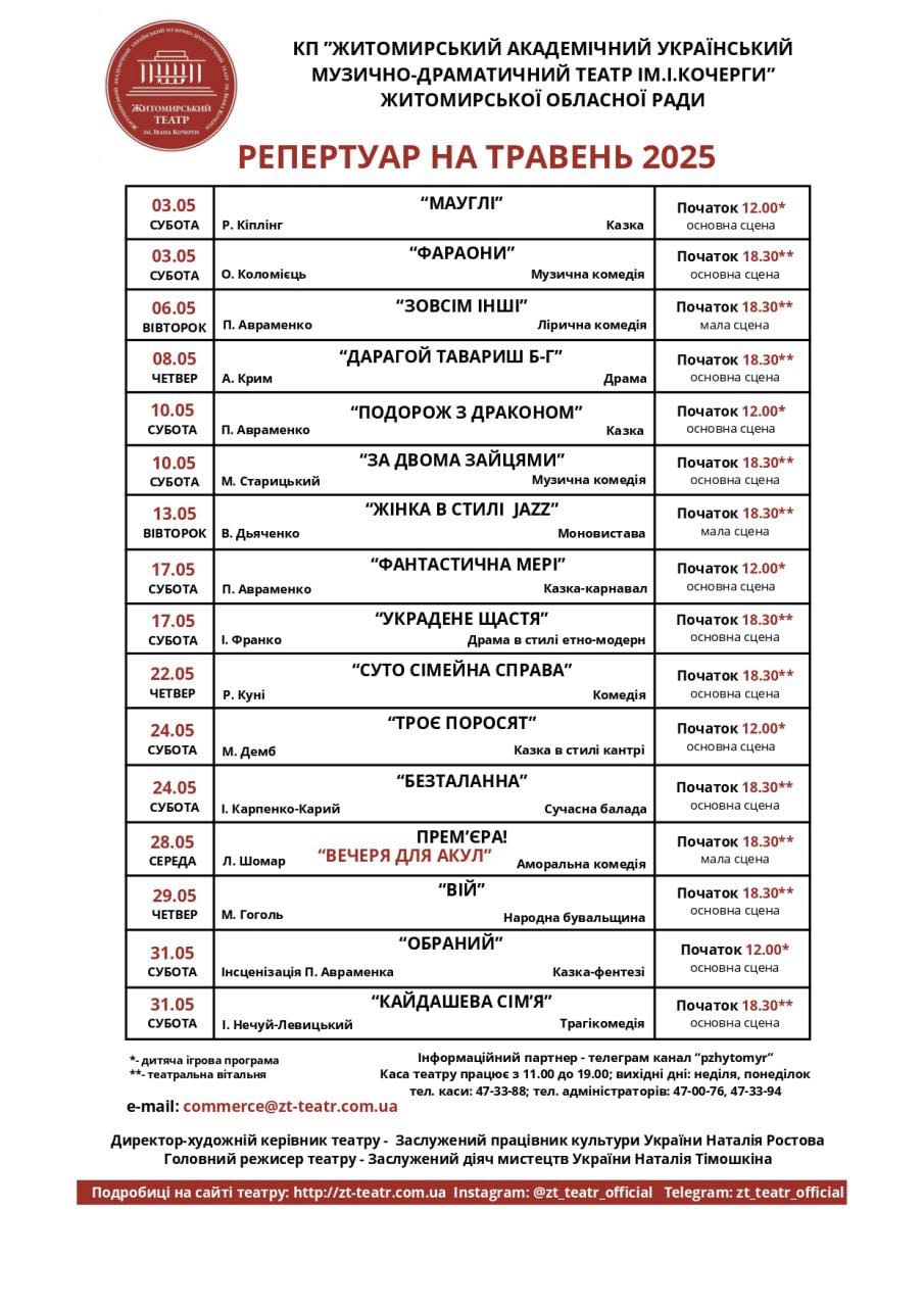 Новини Житомира - фото з Репертуар Житомирського облмуздрамтеатру на травень