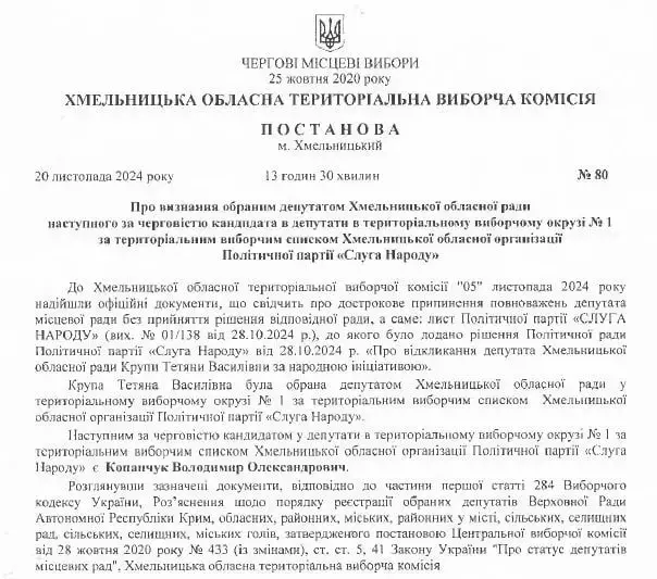 Володимир Копанчук був наступним після Тетяни Крупи на місце депутата Хмельницької обласної ради