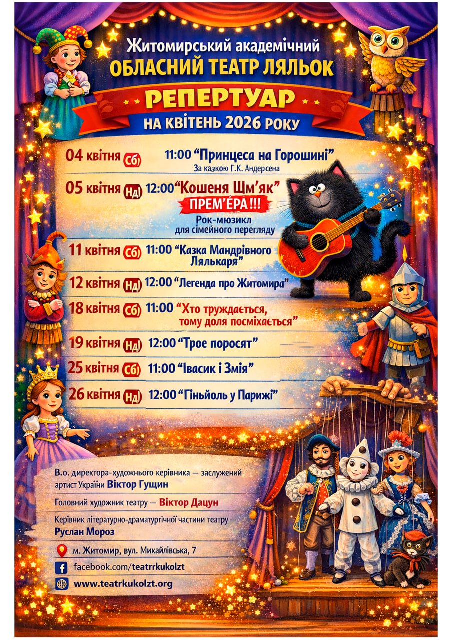 Новини Житомира - фото з У Житомирі оприлюднили репертуар театру ляльок на квітень 2026 року