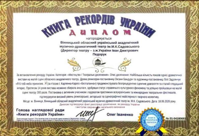 Новини Вінниці - фото з Вистава вінницького театру «Я б тобі небо прихилив…» увійшла до Книги рекордів України