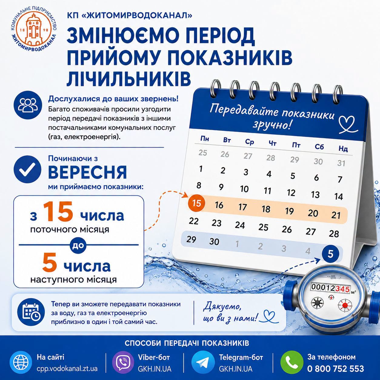 Новини Житомира - фото з Житомирводоканал змінює період прийому показників лічильників