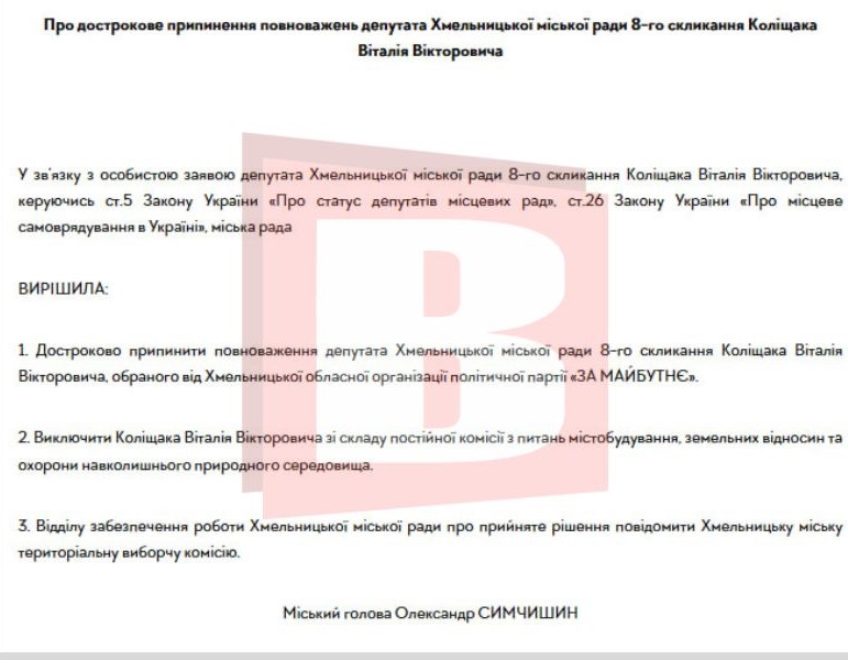 Новини Хмельницького - фото з Мінус один депутат у міській раді: Віталій Коліщак складає повноваження