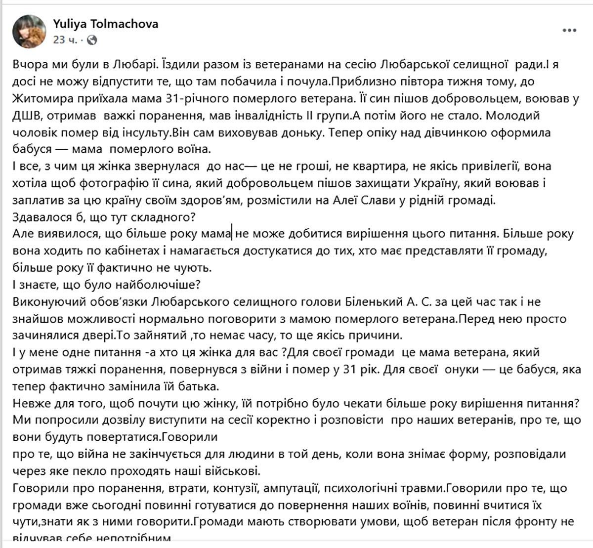 Новини Житомира - фото з Портрет Героя через рік: що історія матері ветерана говорить про ставлення Любарської громади