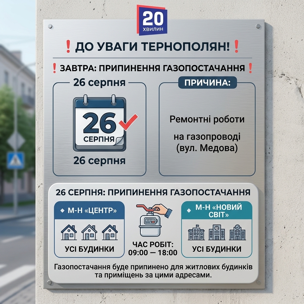 У Тернополі 26 серпня без газу залишаться два мікрорайони